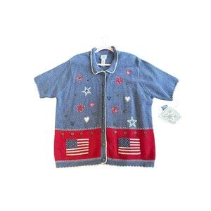 Vintage Koret City Blues Patriotic Short Sleeve Knit Top Cardigan Sweater XL NWT